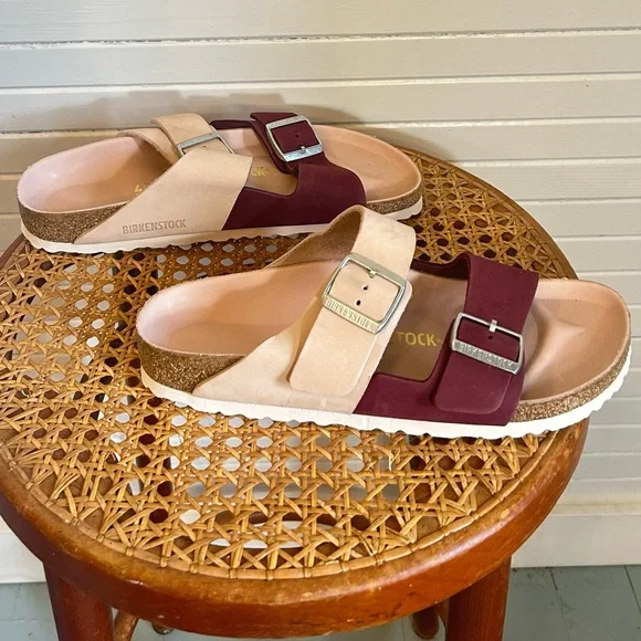 Birkenstock Cream and Burgundy Arizona Sandals - Picture 3 of 6